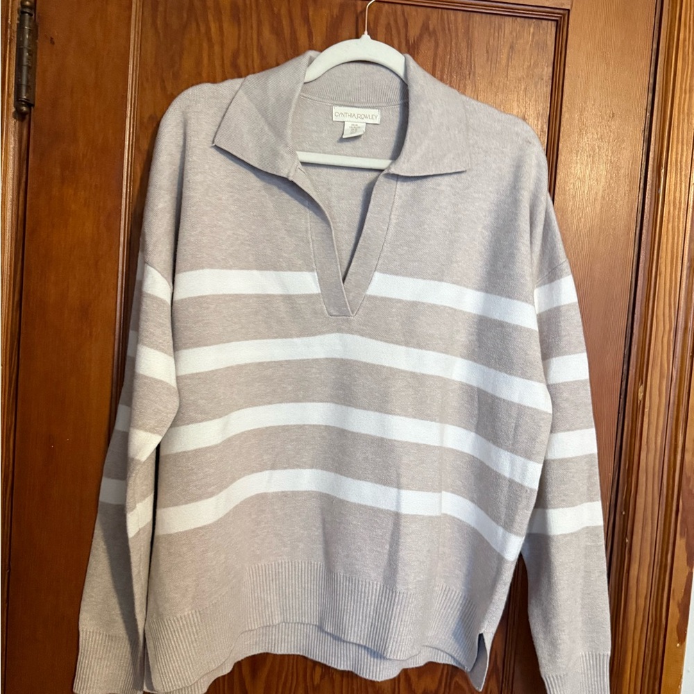 Cynthia Rowley Tan and White Striped V-Neck Sweater